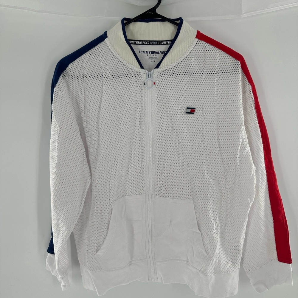 Tommy Hilfiger Women’s Red White Blue Logo Mesh Zip Front Long Sleeve Jacket L